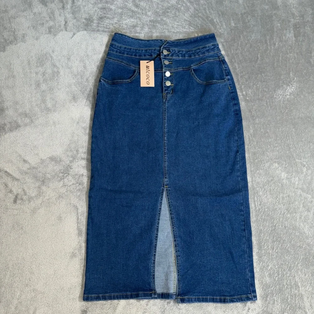 Denim Midi Skirt Button Front High Waist Slit Dark Wash Blue Women's Medium - Picture 1 of 7